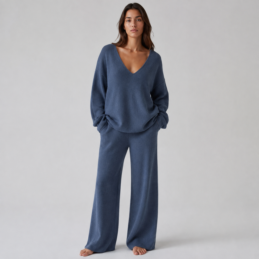 Noctelle Navy V-Neck Knit Lounge Set