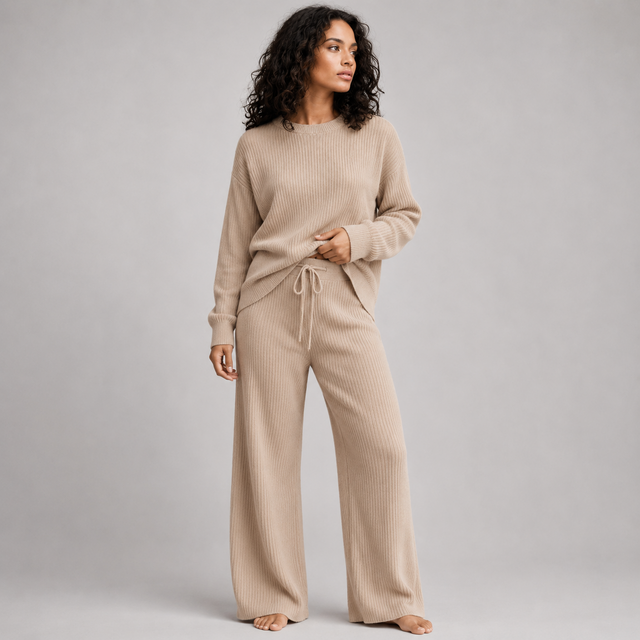 Alba Beige Ribbed Knit Lounge Set
