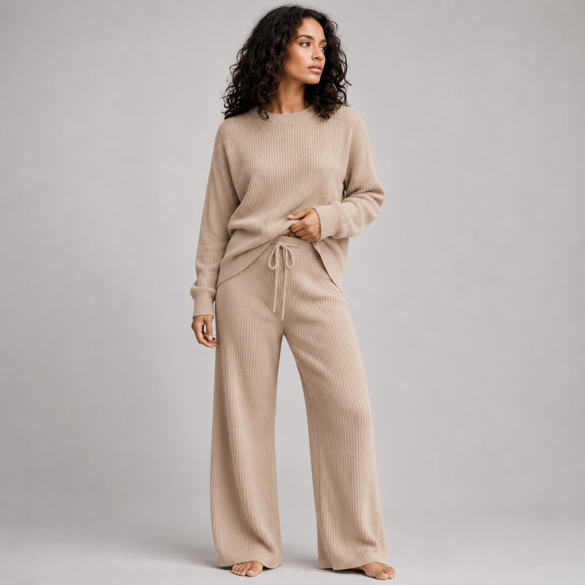 Alba Beige Ribbed Knit Lounge Set