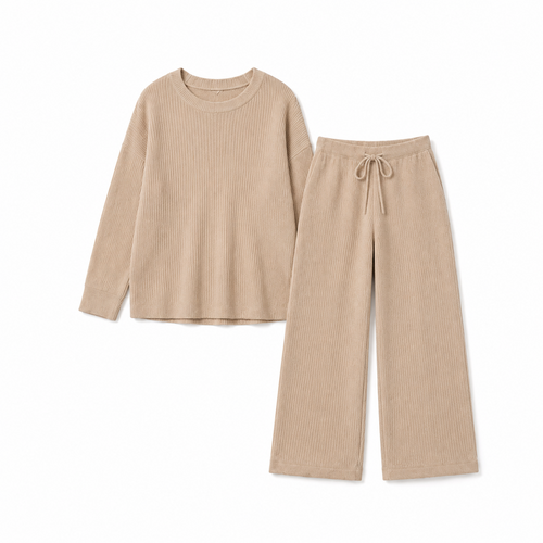 Alba Beige Ribbed Knit Lounge Set