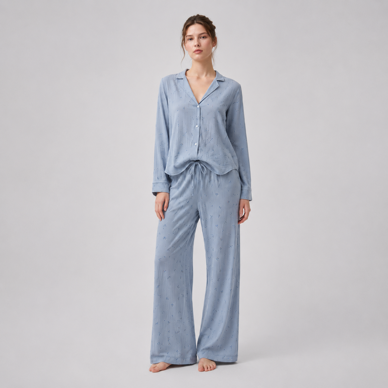 Cloudblue Bloom Padded Lounge Set — full-length model on evenly lit light-grey background
