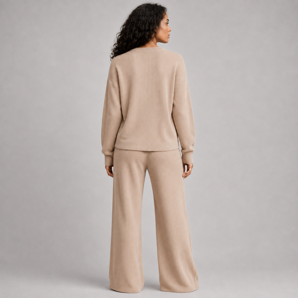 Alba Beige Ribbed Knit Lounge Set