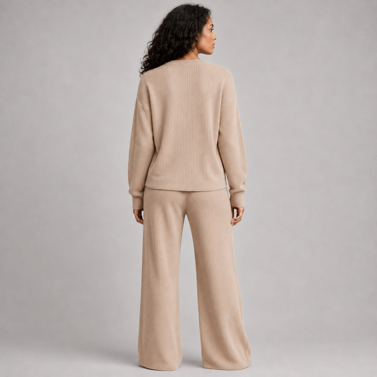 Alba Beige Ribbed Knit Lounge Set