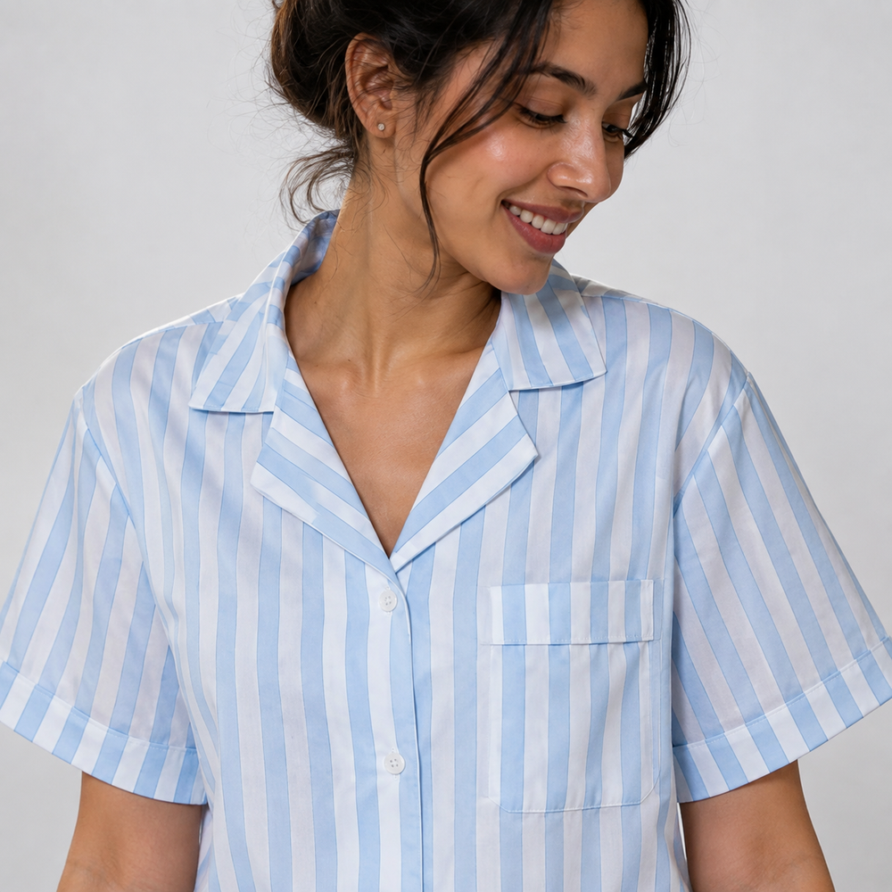 Lunara Striped Blue & White Shirt Shorts Nightwear