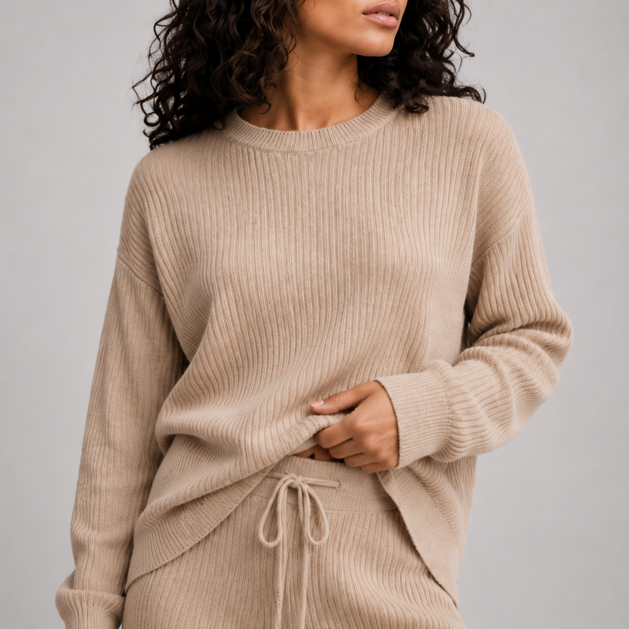 Alba Beige Ribbed Knit Lounge Set