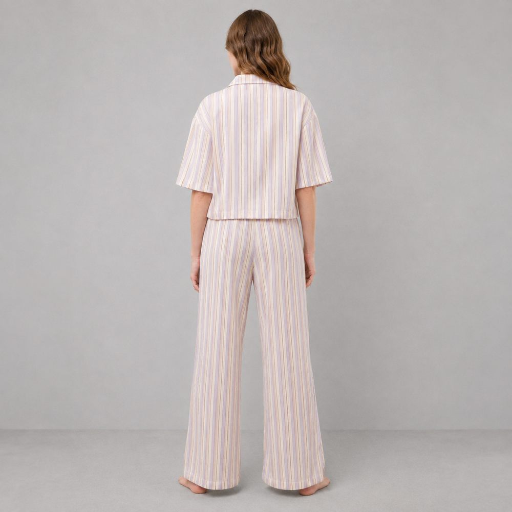 Organic Cotton Striped High Rise Pant Set — neckline and closure detail