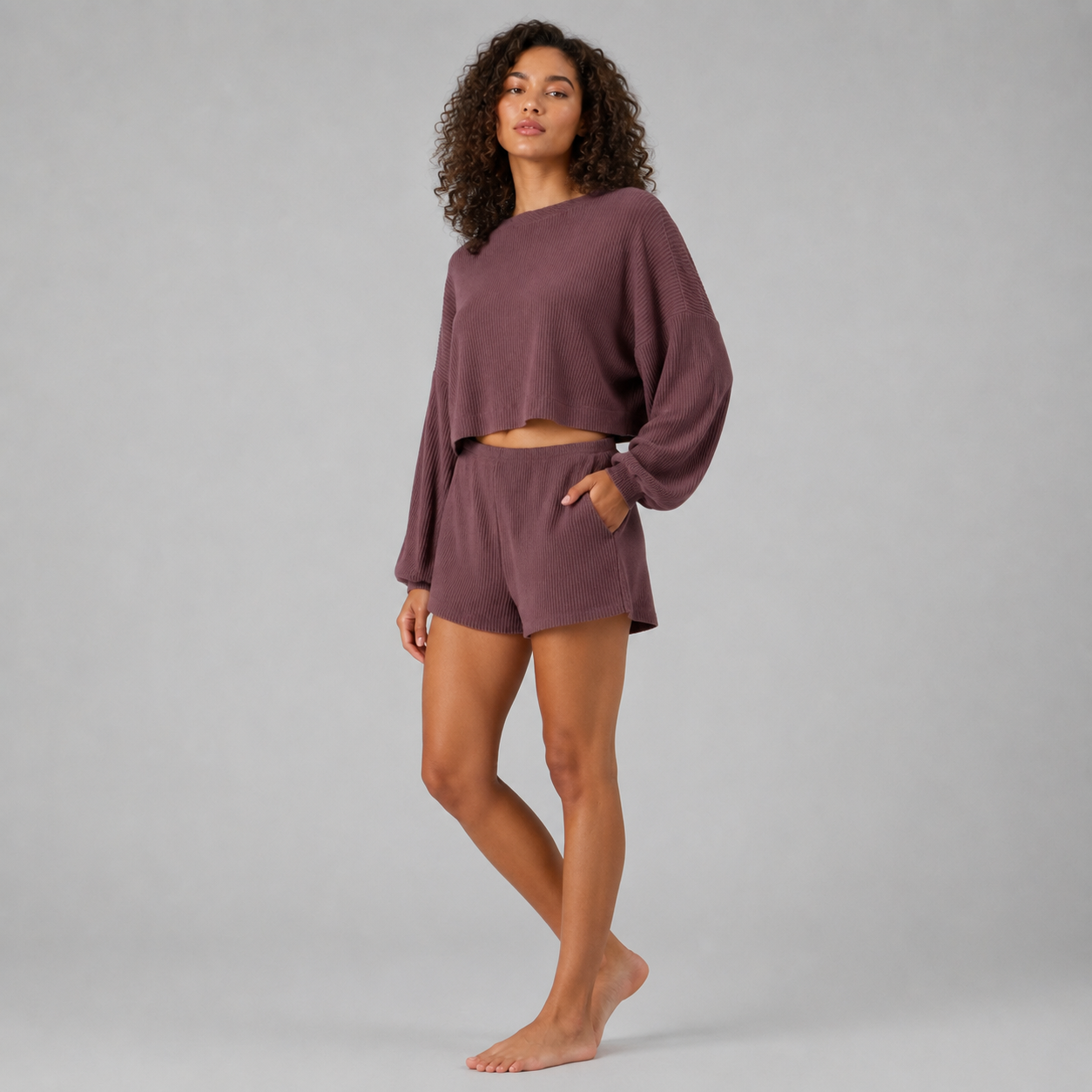 Mauvelle Ribbed Crop Top & Shorts Lounge Set