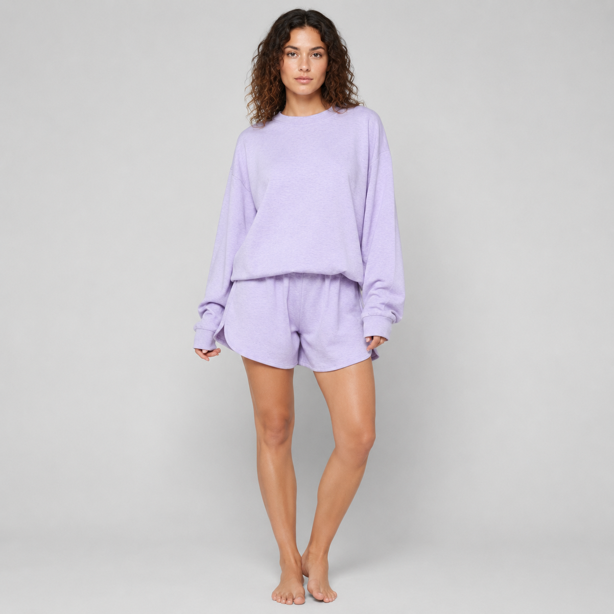 Lilac Cloud Sweatshirt & Shorts Lounge Set model view