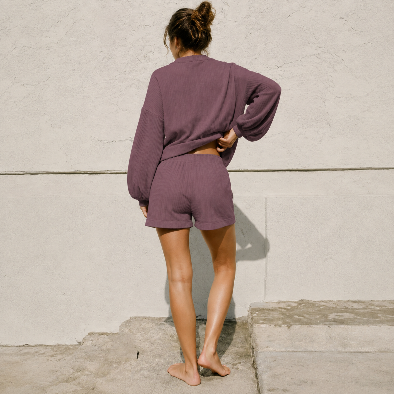 Mauvelle Ribbed Crop Top & Shorts Lounge Set back view