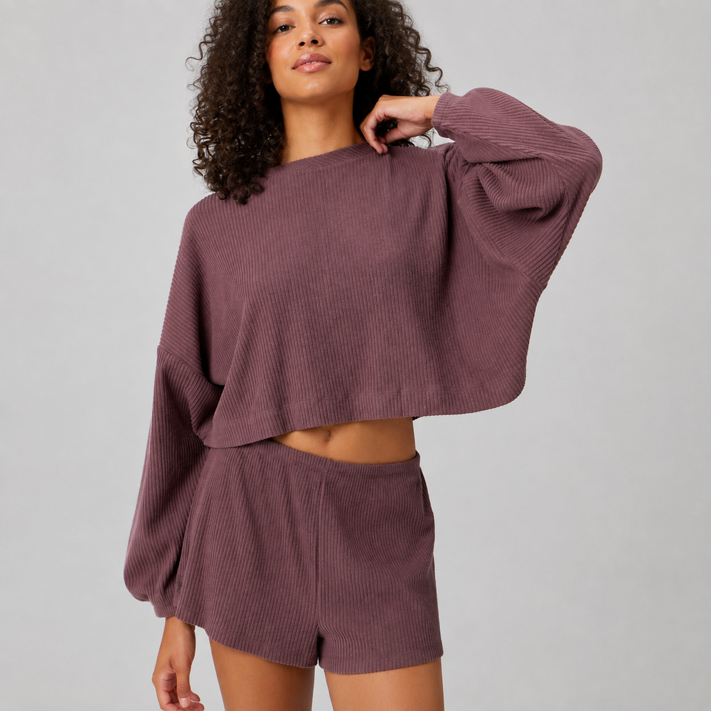 Mauvelle Ribbed Crop Top & Shorts Lounge Set close-up