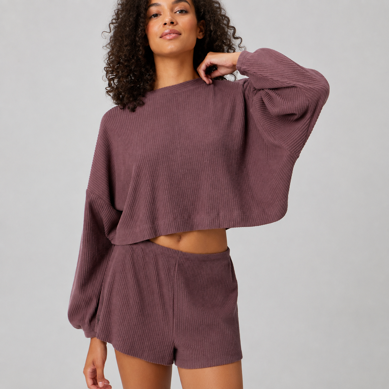 Mauvelle Ribbed Crop Top & Shorts Lounge Set close-up