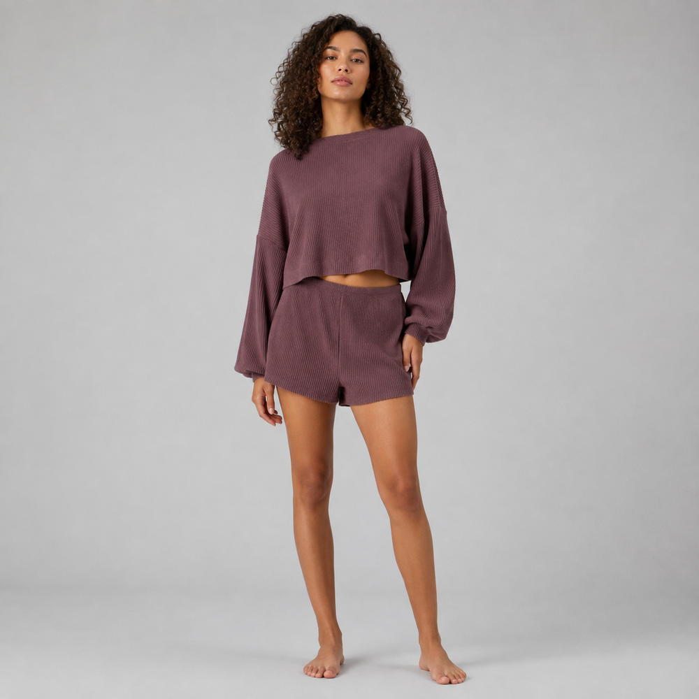 Mauvelle Ribbed Crop Top & Shorts Lounge Set model view