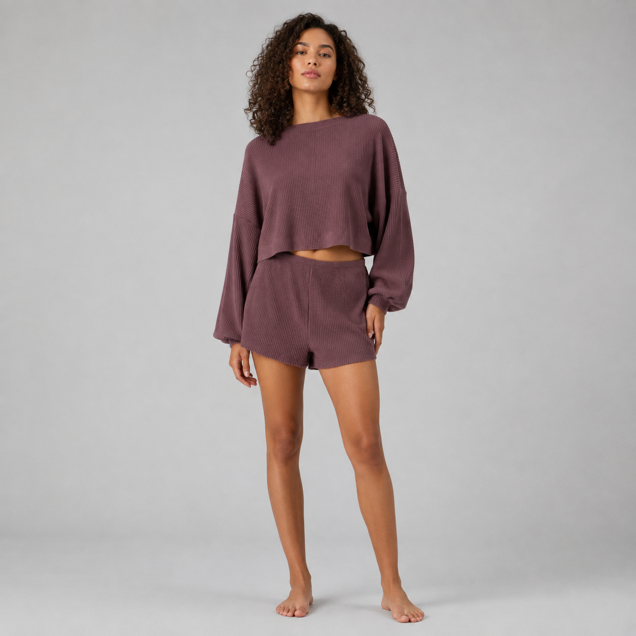 Mauvelle Ribbed Crop Top & Shorts Lounge Set model view