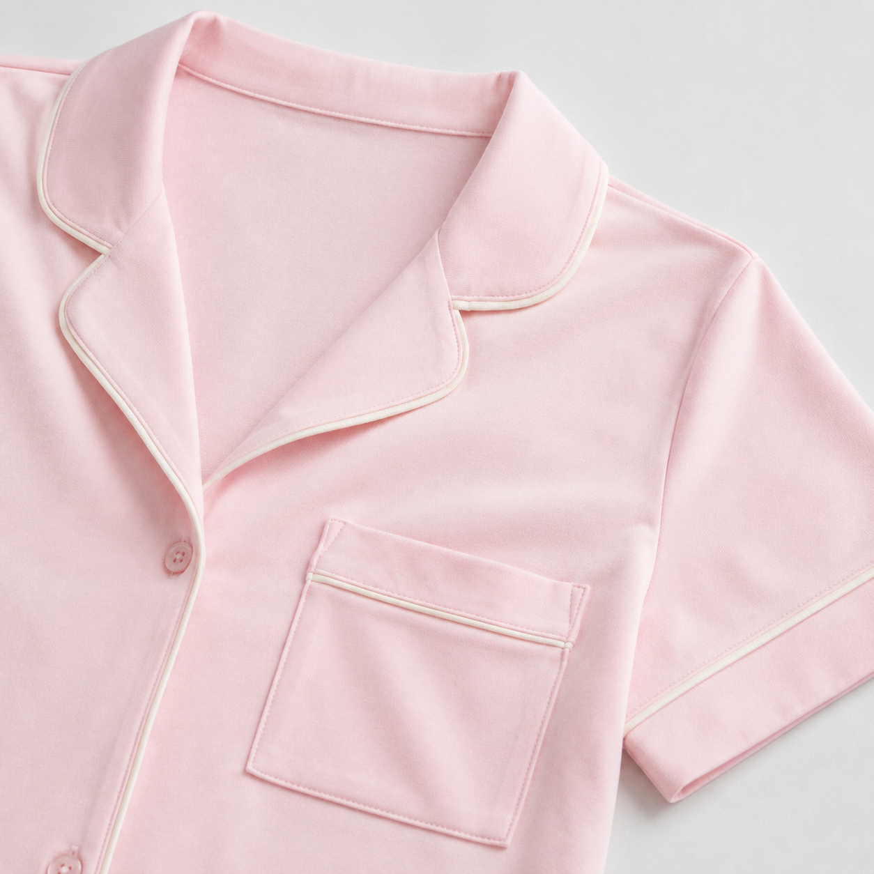 Blush pink piped cotton short set fabric and construction detailing