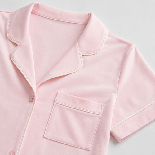 Blush pink piped cotton short set fabric and construction detailing