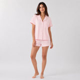 Blush pink piped cotton short set full-length model image