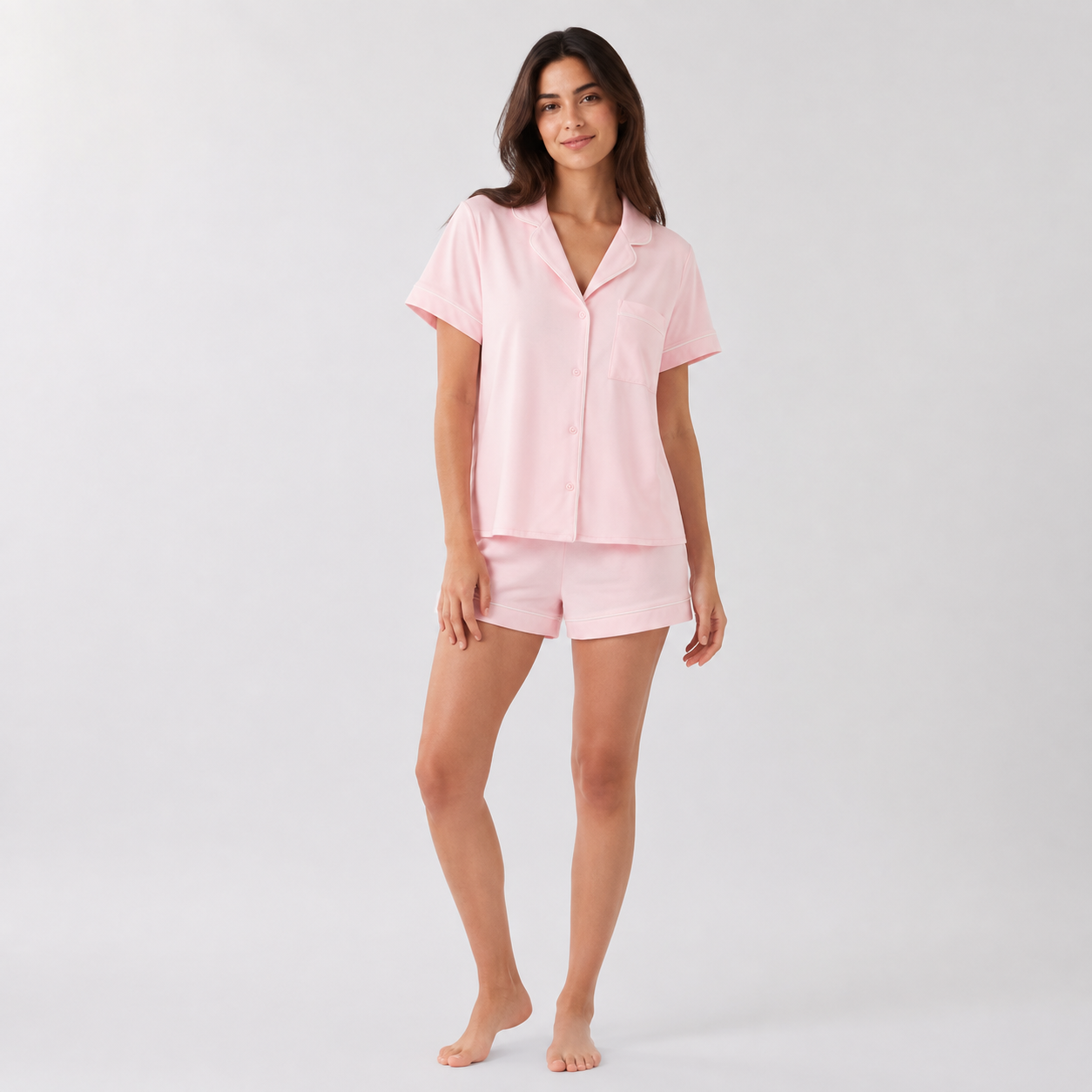 Blush pink piped cotton short set full-length model image
