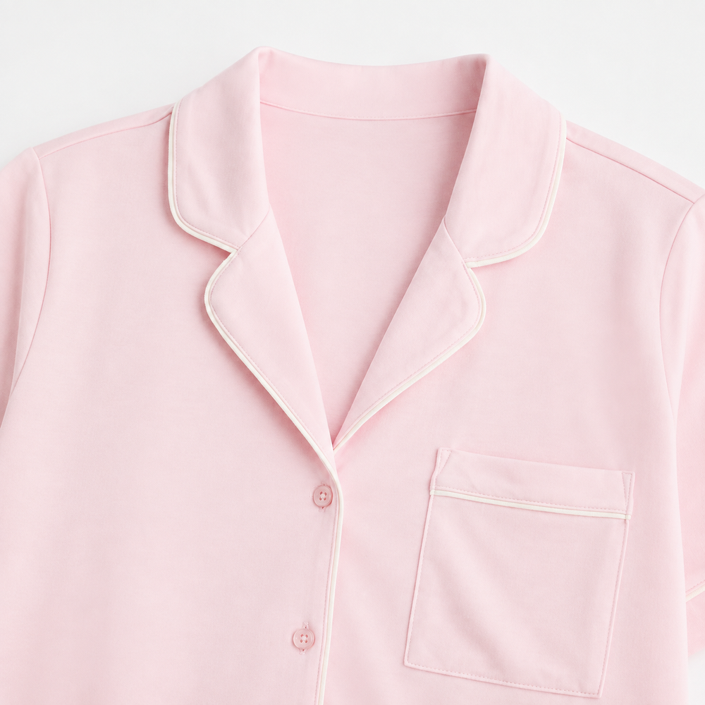 Blush pink piped cotton short set collar and neck closure