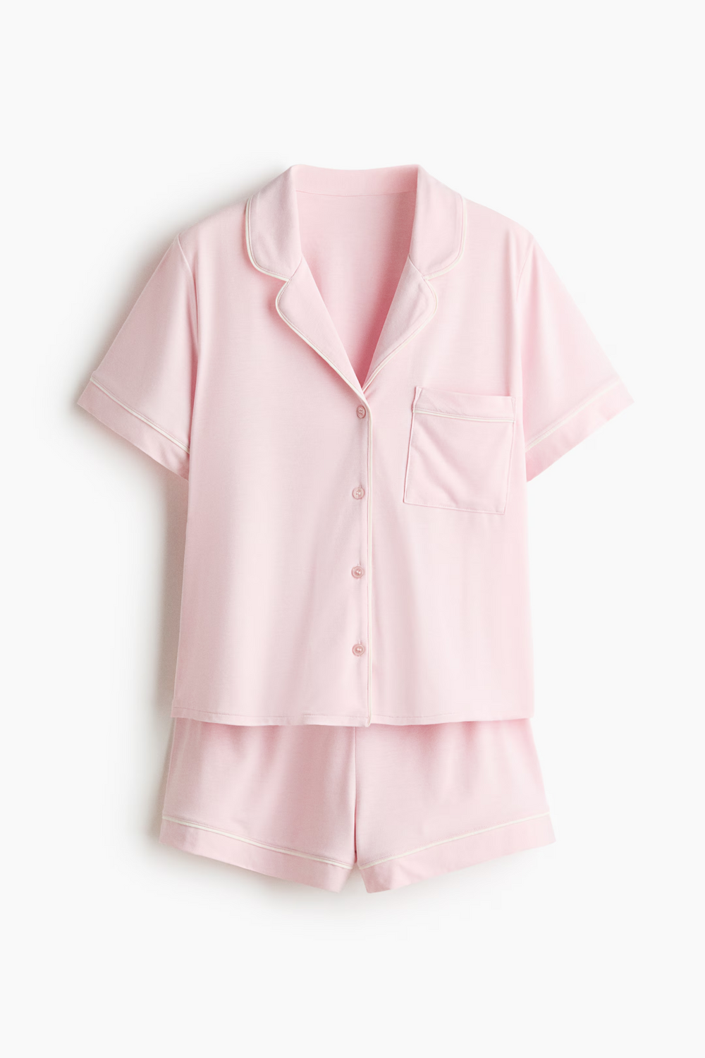 Blush pink piped cotton short set on white background