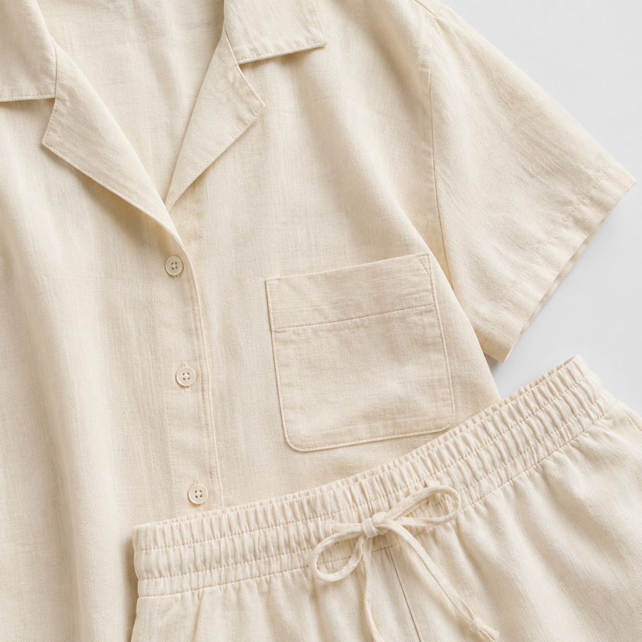 Cloud Cream organic cotton short set fabric and construction detail