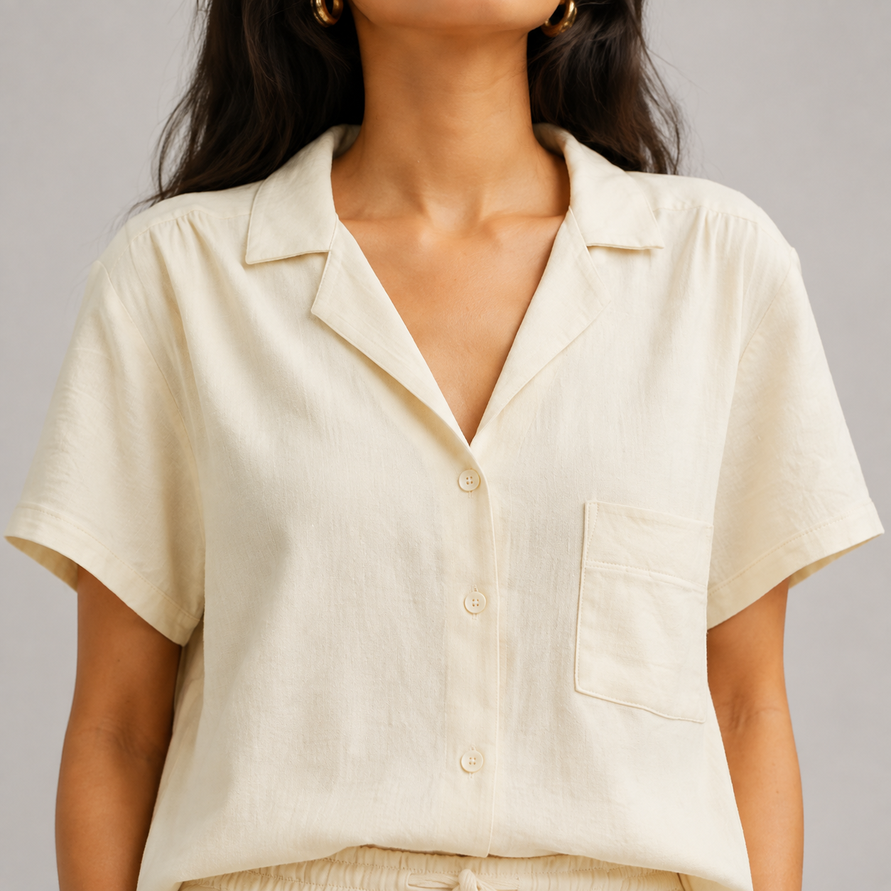 Cloud Cream organic cotton short set notch collar and button closure