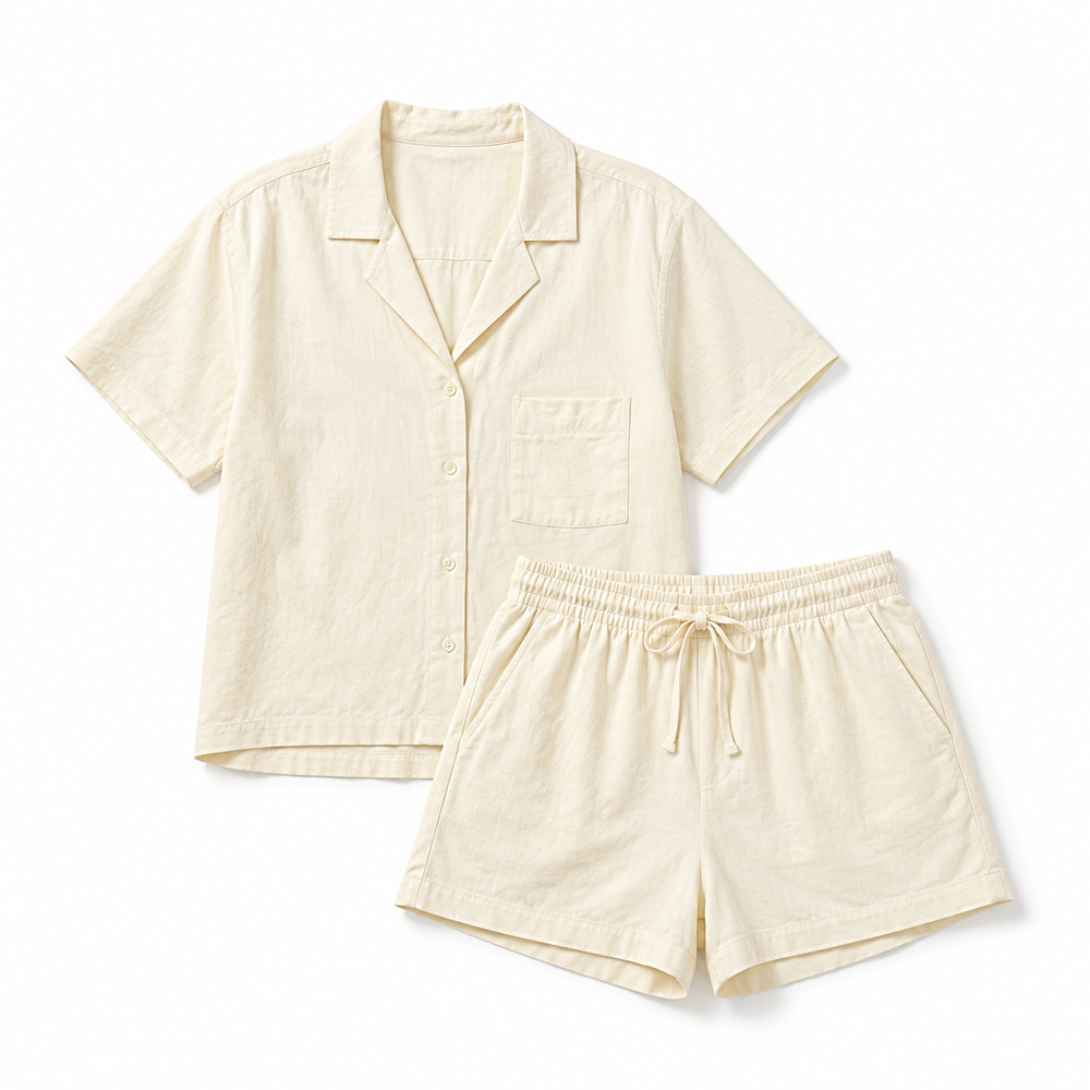 Cloud Cream organic cotton shirt and shorts set on white background