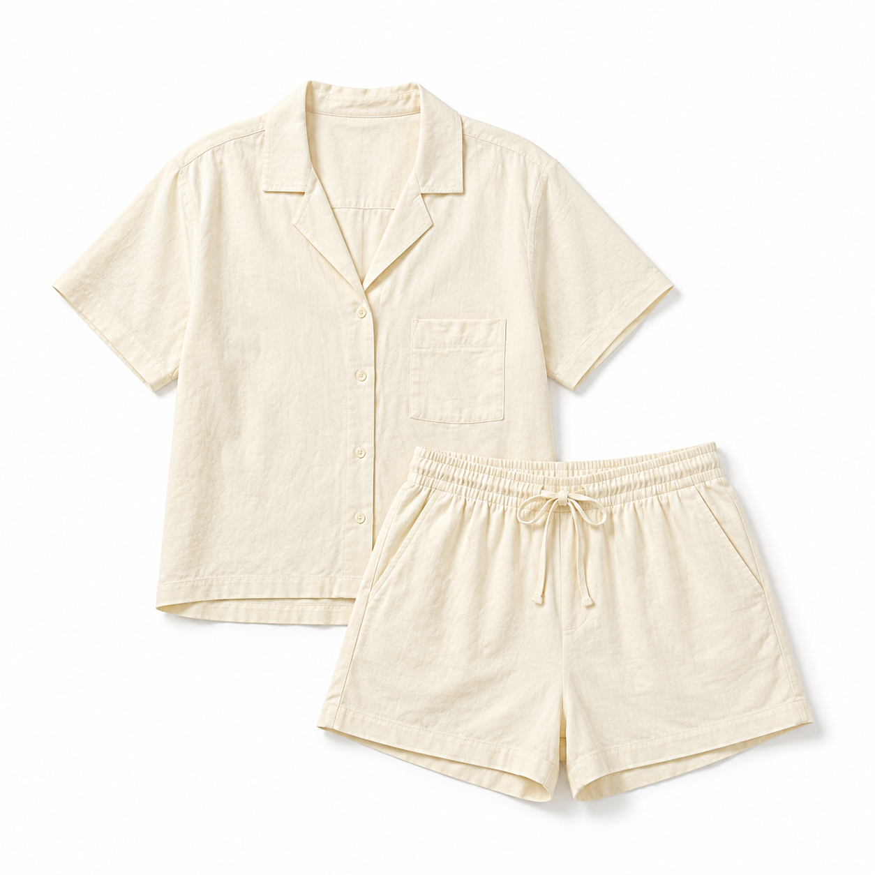 Cloud Cream organic cotton shirt and shorts set on white background