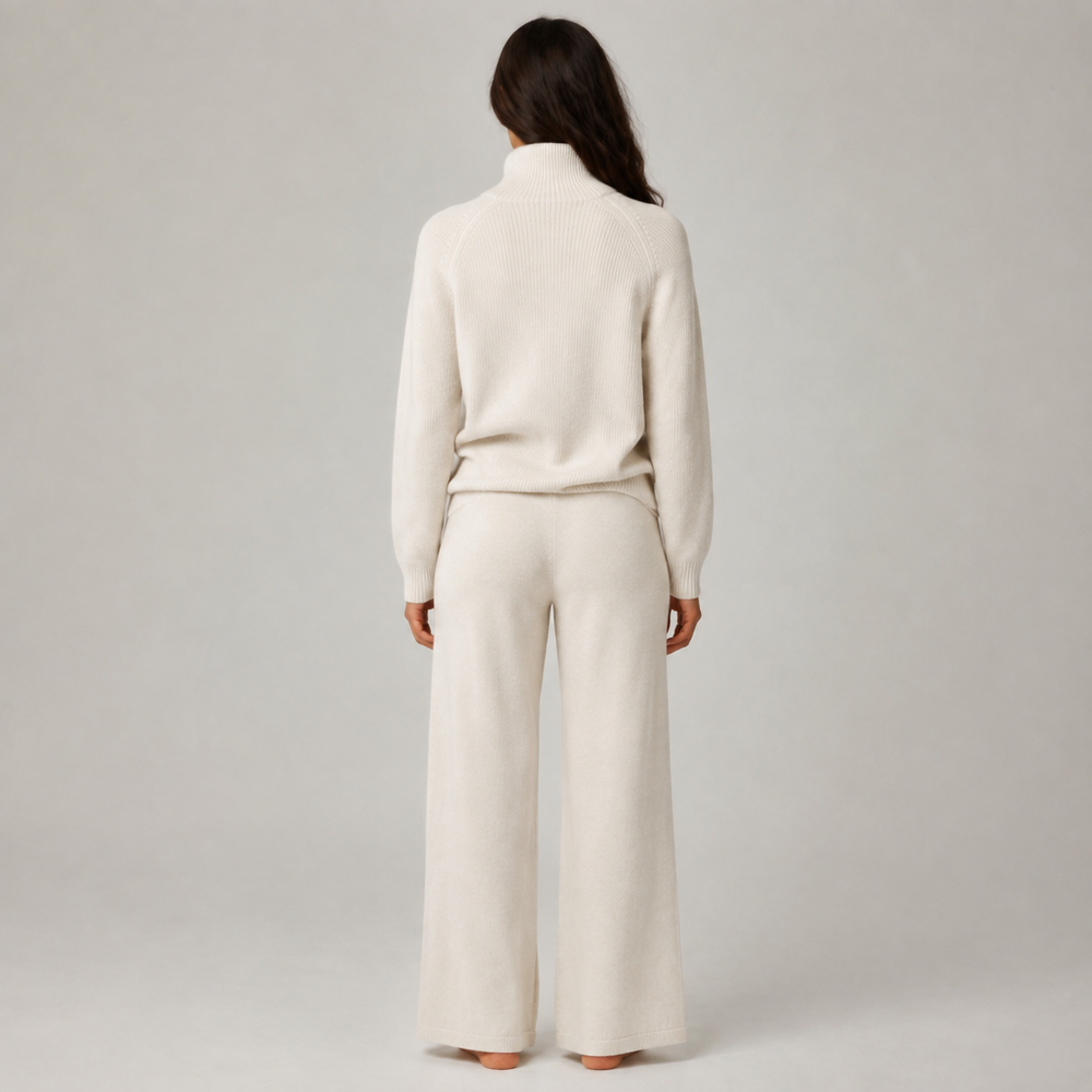 Eira Ivory Turtleneck Knit Lounge Set — Full-length model back view