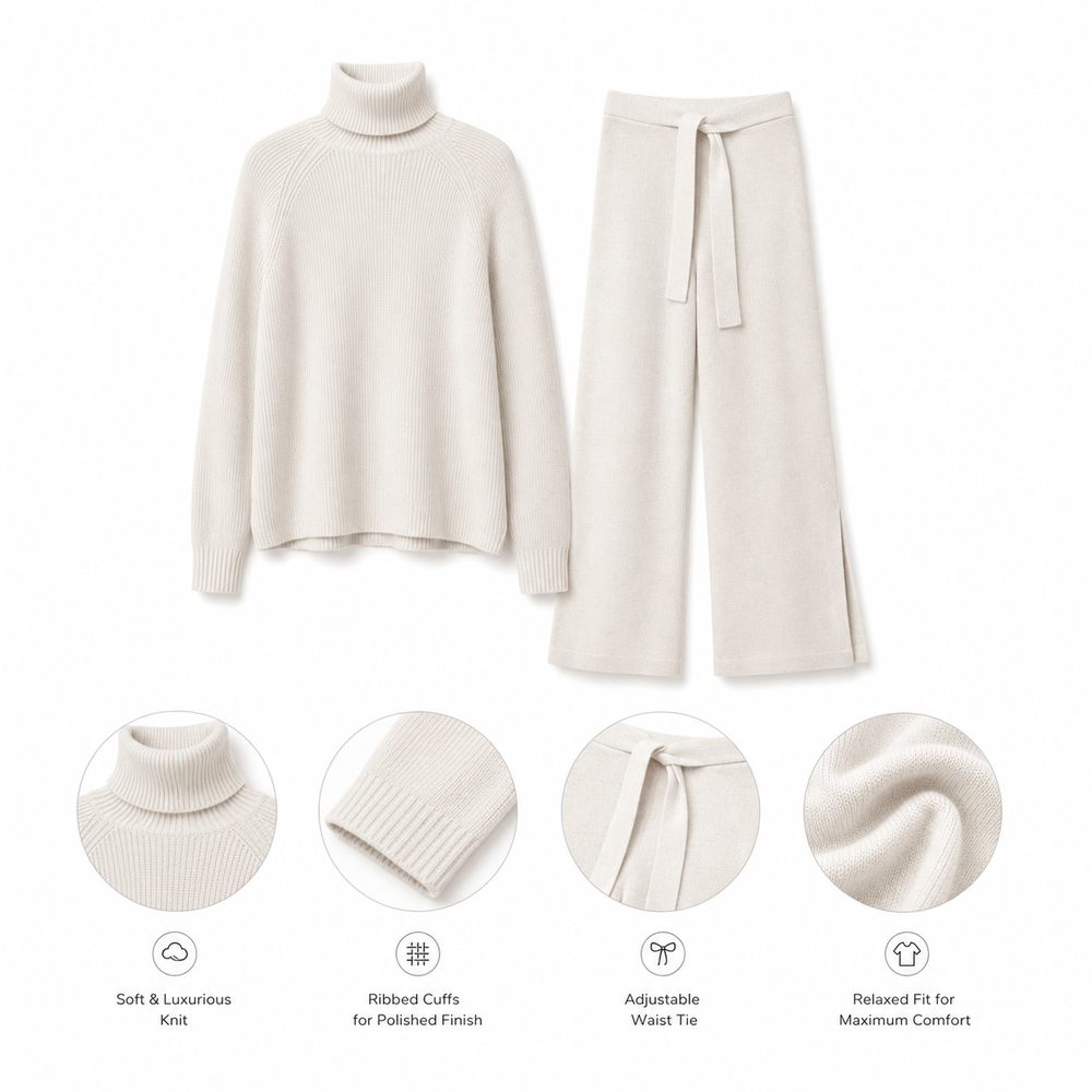 Eira Ivory Turtleneck Knit Lounge Set — Product detailing and fabric features
