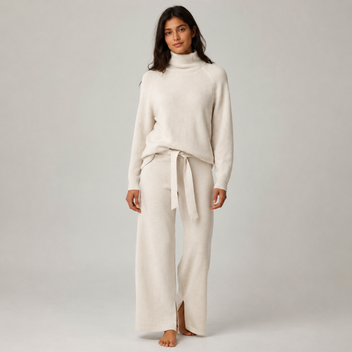 Eira Ivory Turtleneck Knit Lounge Set — Full-length model front view