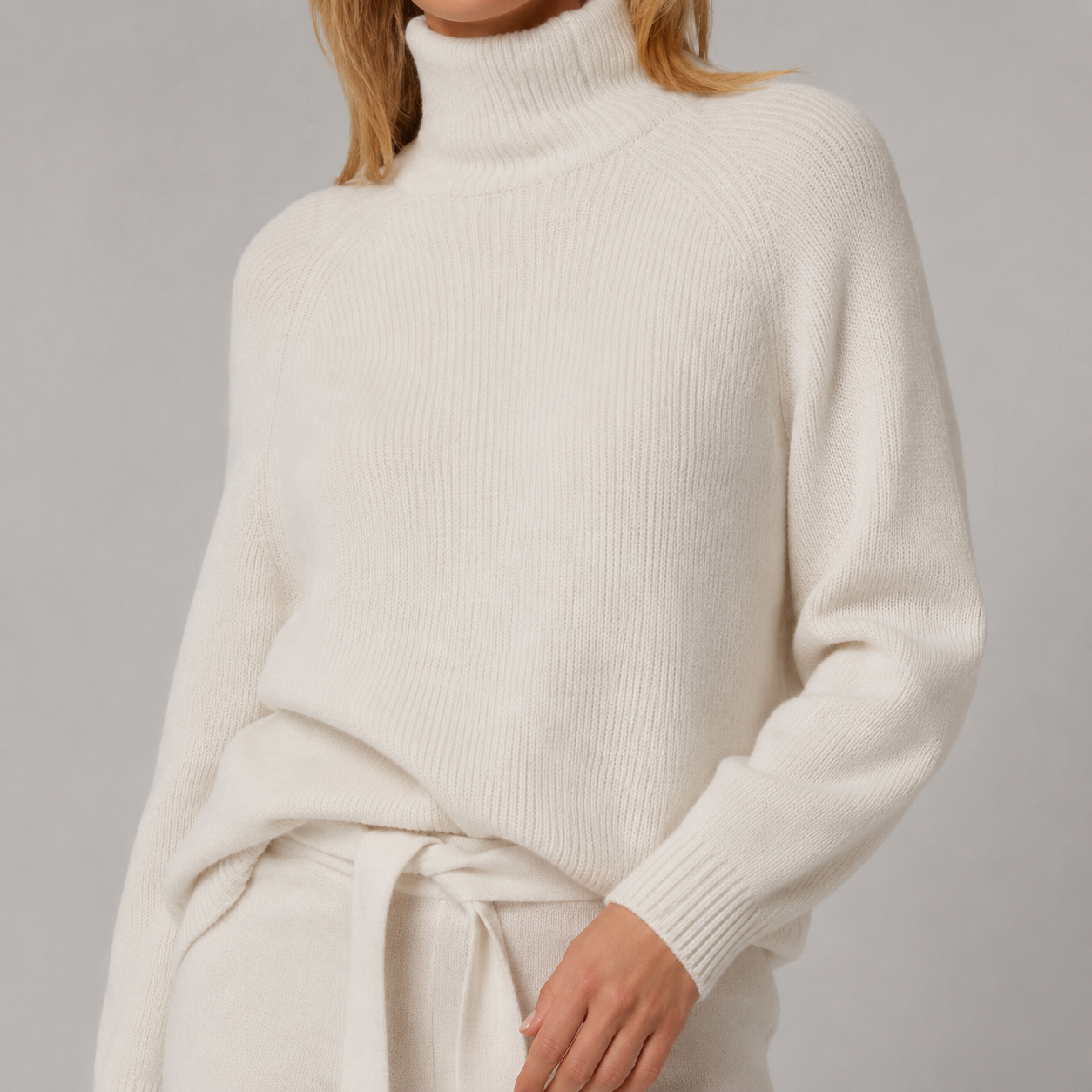 Eira Ivory Turtleneck Knit Lounge Set — Sleeve construction close-up