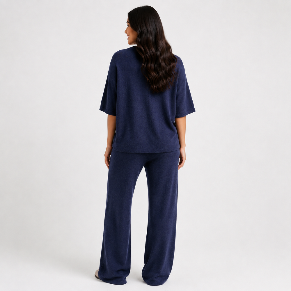 Indigo Muse Oversized Tee & Lounge Pants — Full-length model back view