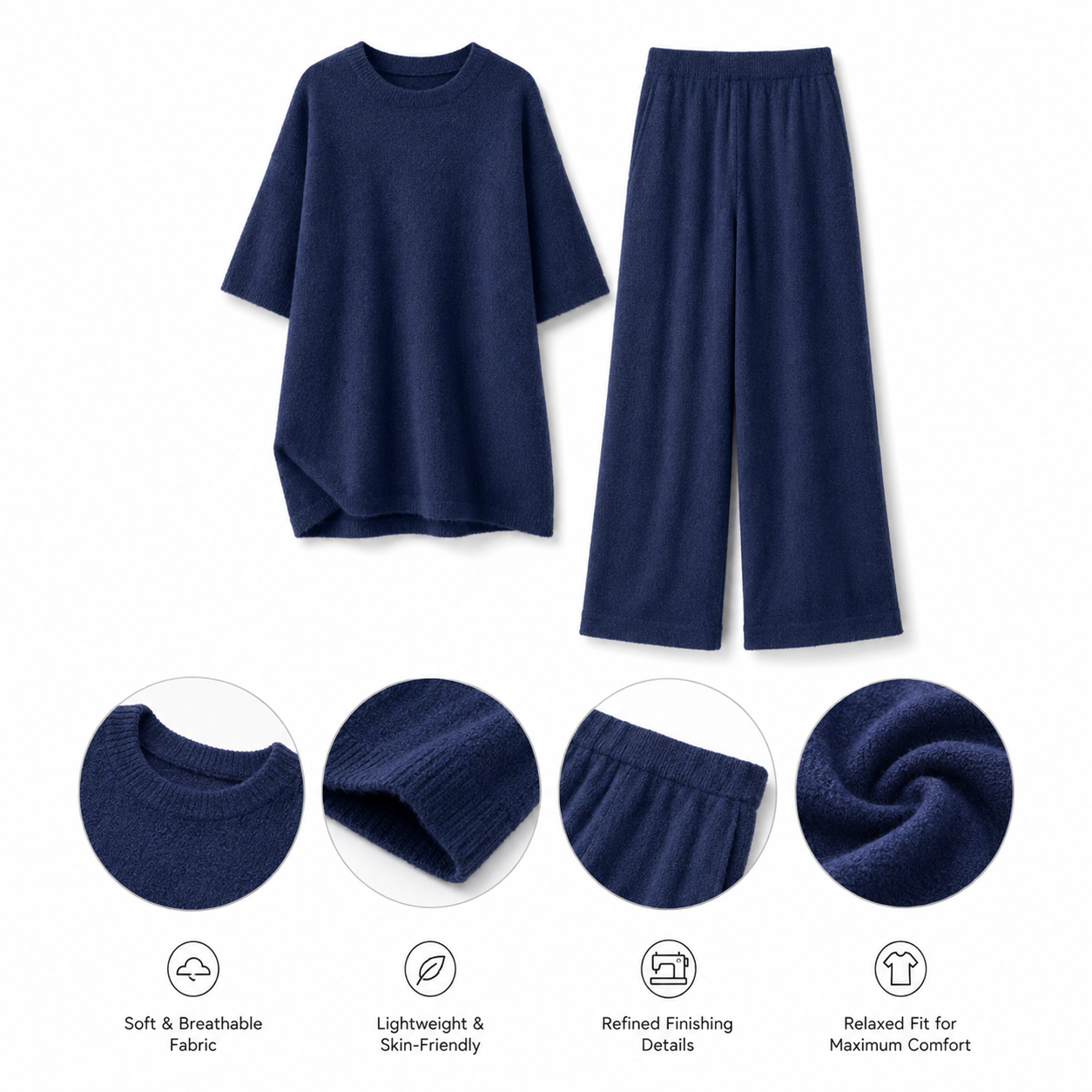 Indigo Muse Oversized Tee & Lounge Pants — Product detailing and fabric features