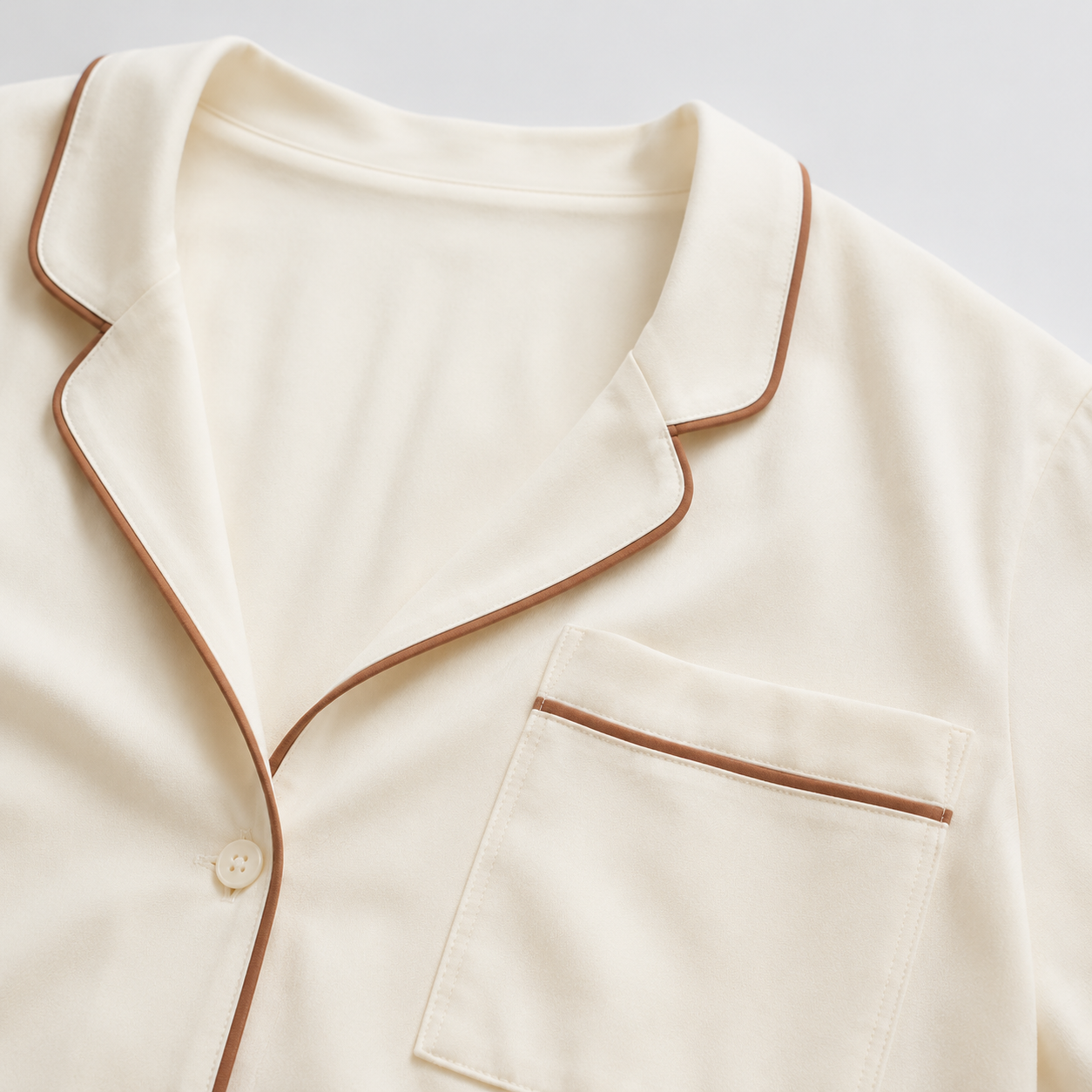 Ivory rose-piped cotton short set fabric and construction detailing