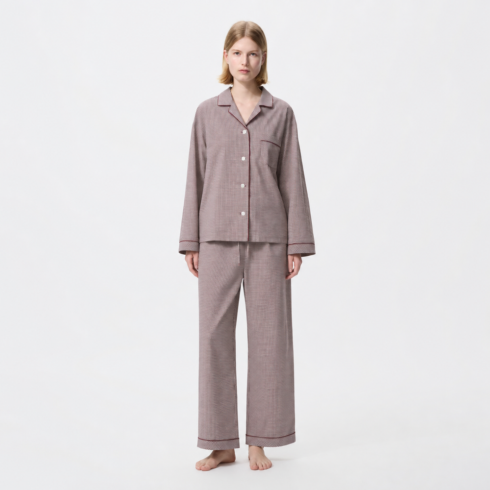 Ivory micro-check organic cotton pajama set full-length front model