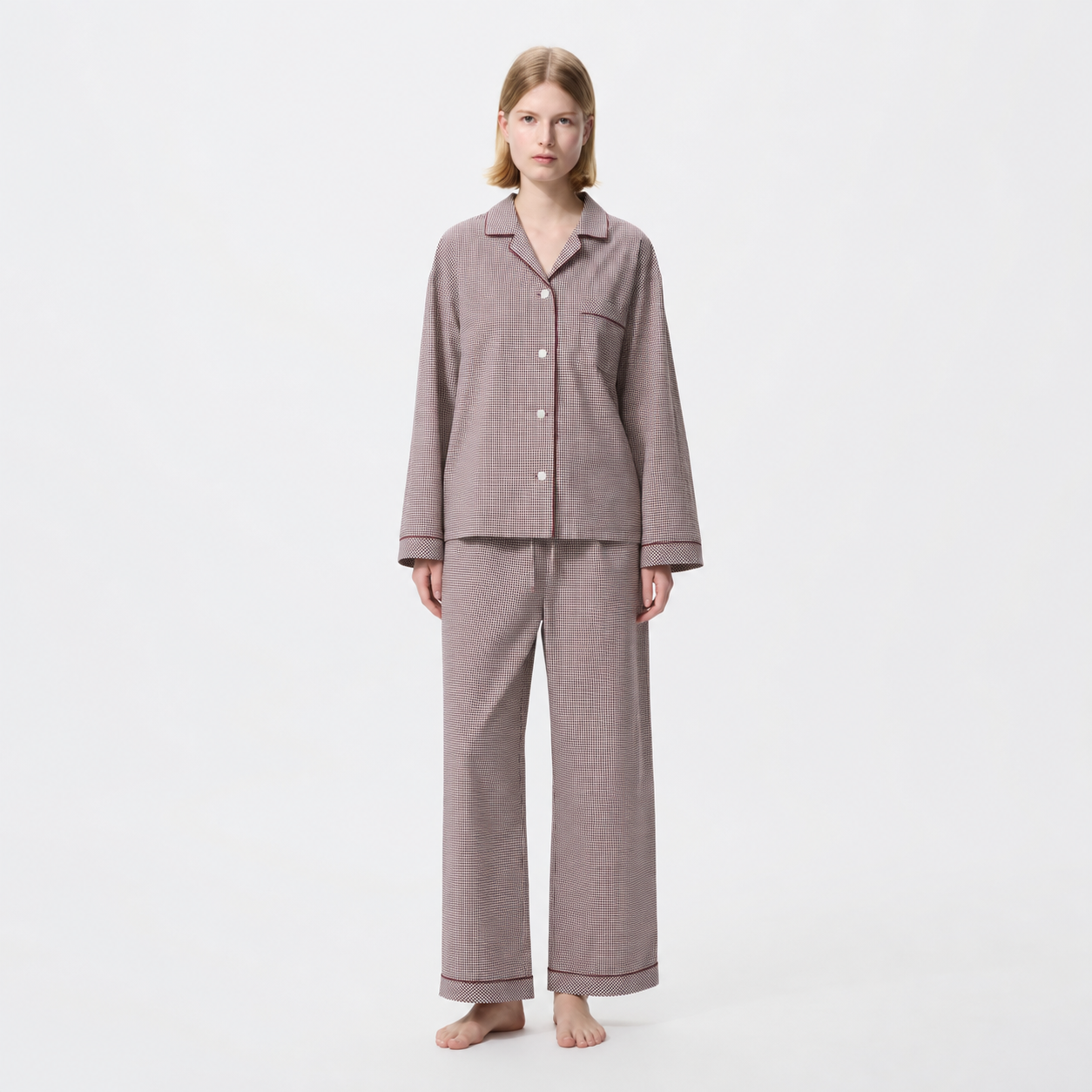 Ivory micro-check organic cotton pajama set full-length front model