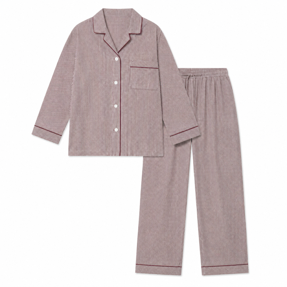 Ivory micro-check organic cotton shirt and pajama pants on white background