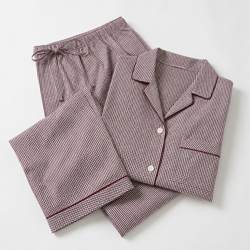 100 percent organic cotton micro-check fabric and burgundy piping details