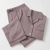 100 percent organic cotton micro-check fabric and burgundy piping details