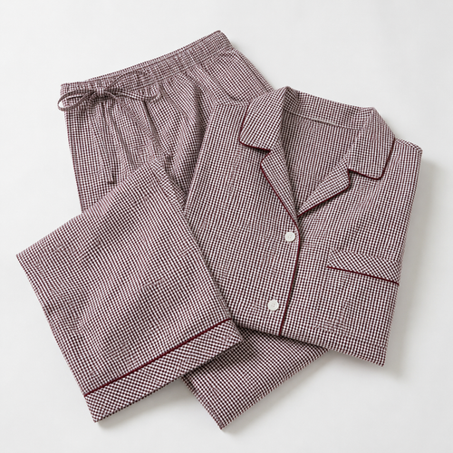 100 percent organic cotton micro-check fabric and burgundy piping details