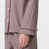 Organic cotton pajama shirt sleeve cuff with burgundy contrast piping