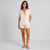 Ivory rose-piped cotton short set full-length model image