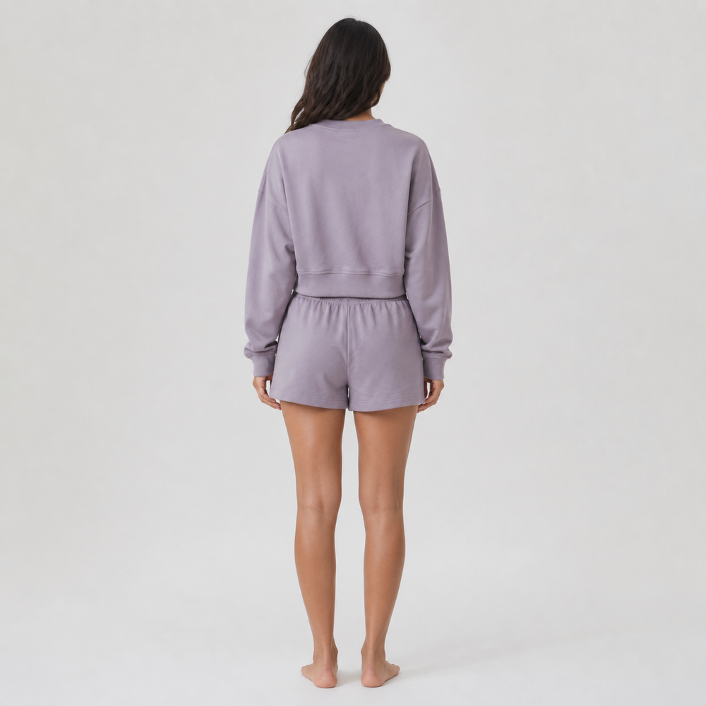 Lavande Studio Sweatshirt & Shorts Set — Full-length model back view