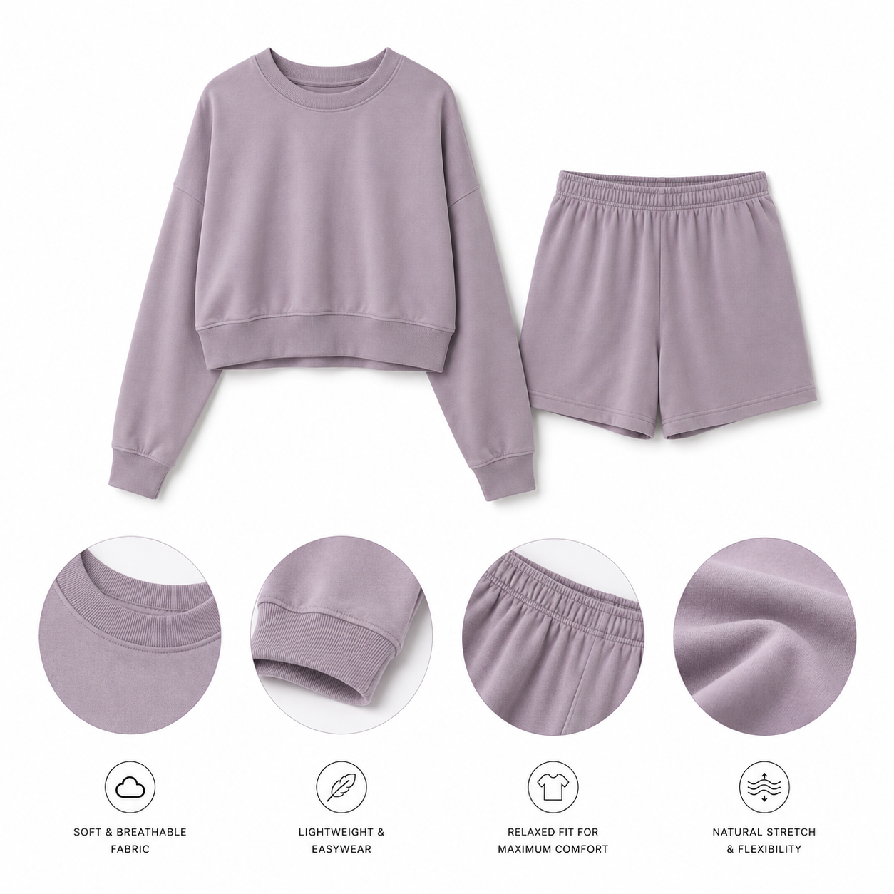 Lavande Studio Sweatshirt & Shorts Set — Product detailing and fabric features