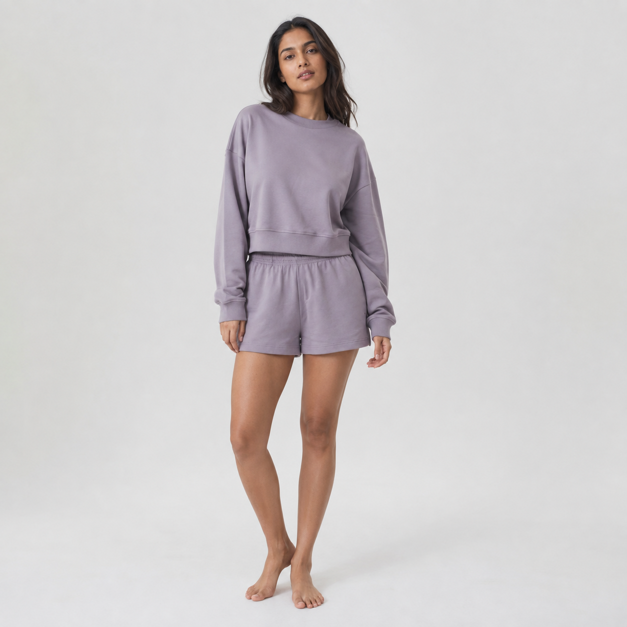 Lavande Studio Sweatshirt & Shorts Set — Full-length model front view