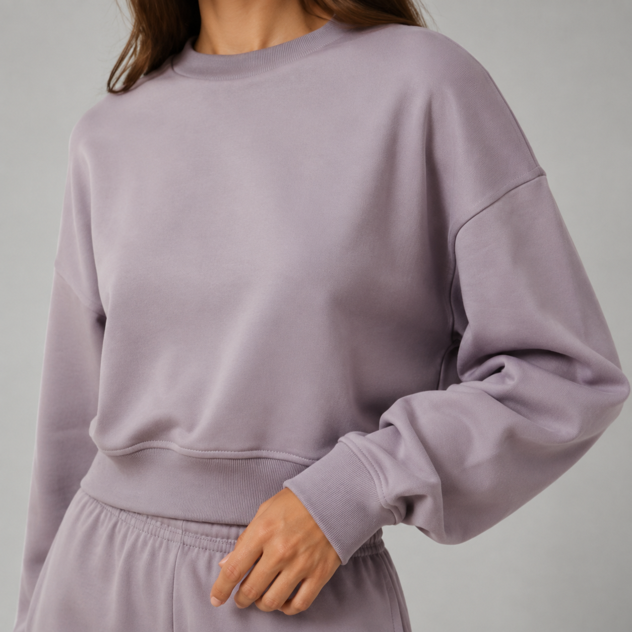 Lavande Studio Sweatshirt & Shorts Set — Sleeve construction close-up