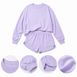 Lilac Cloud Sweatshirt & Shorts Lounge Set fabric and construction detail board