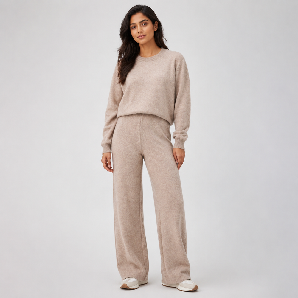 Lune Taupe Cropped Knit Lounge Set — Full-length model front view