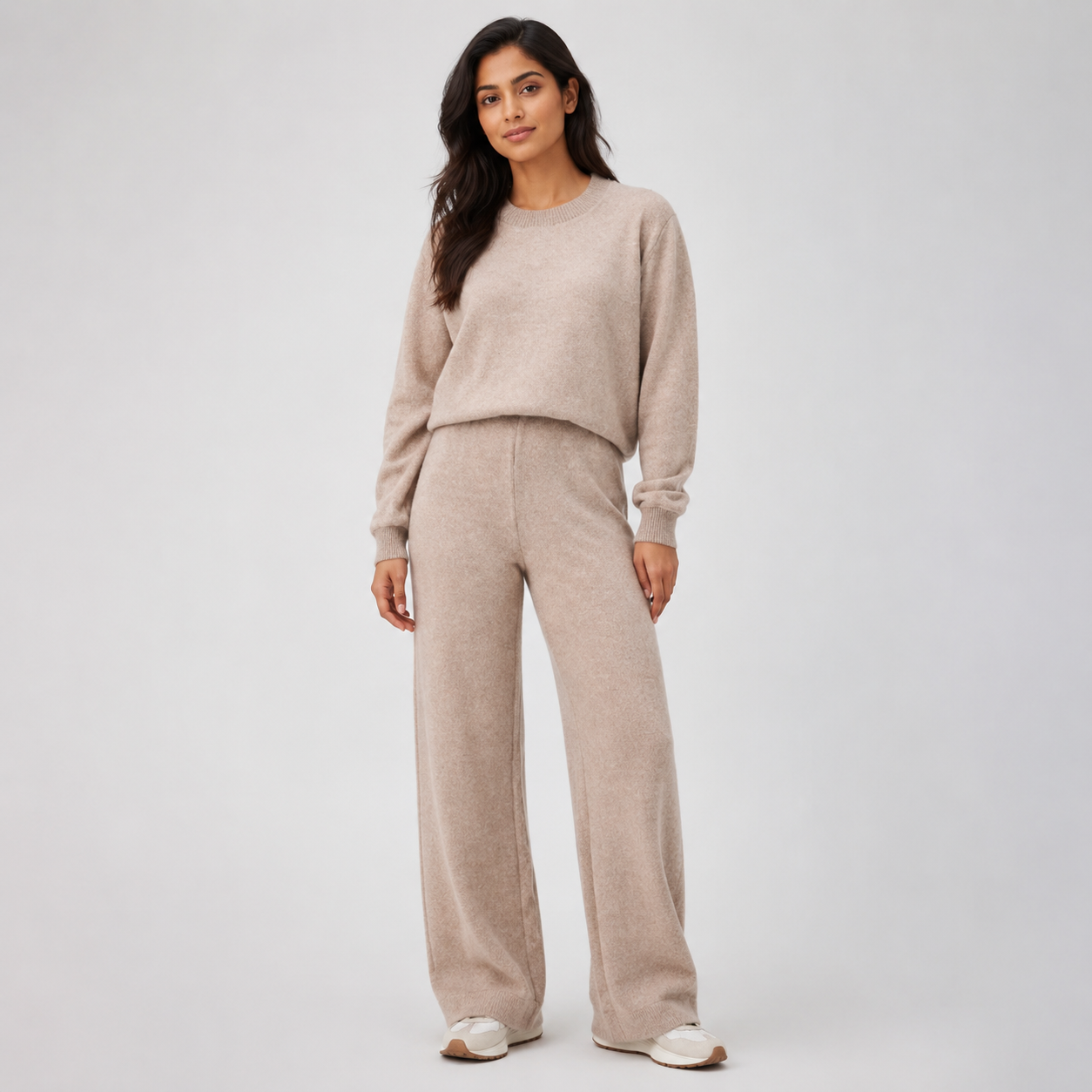 Lune Taupe Cropped Knit Lounge Set — Full-length model front view