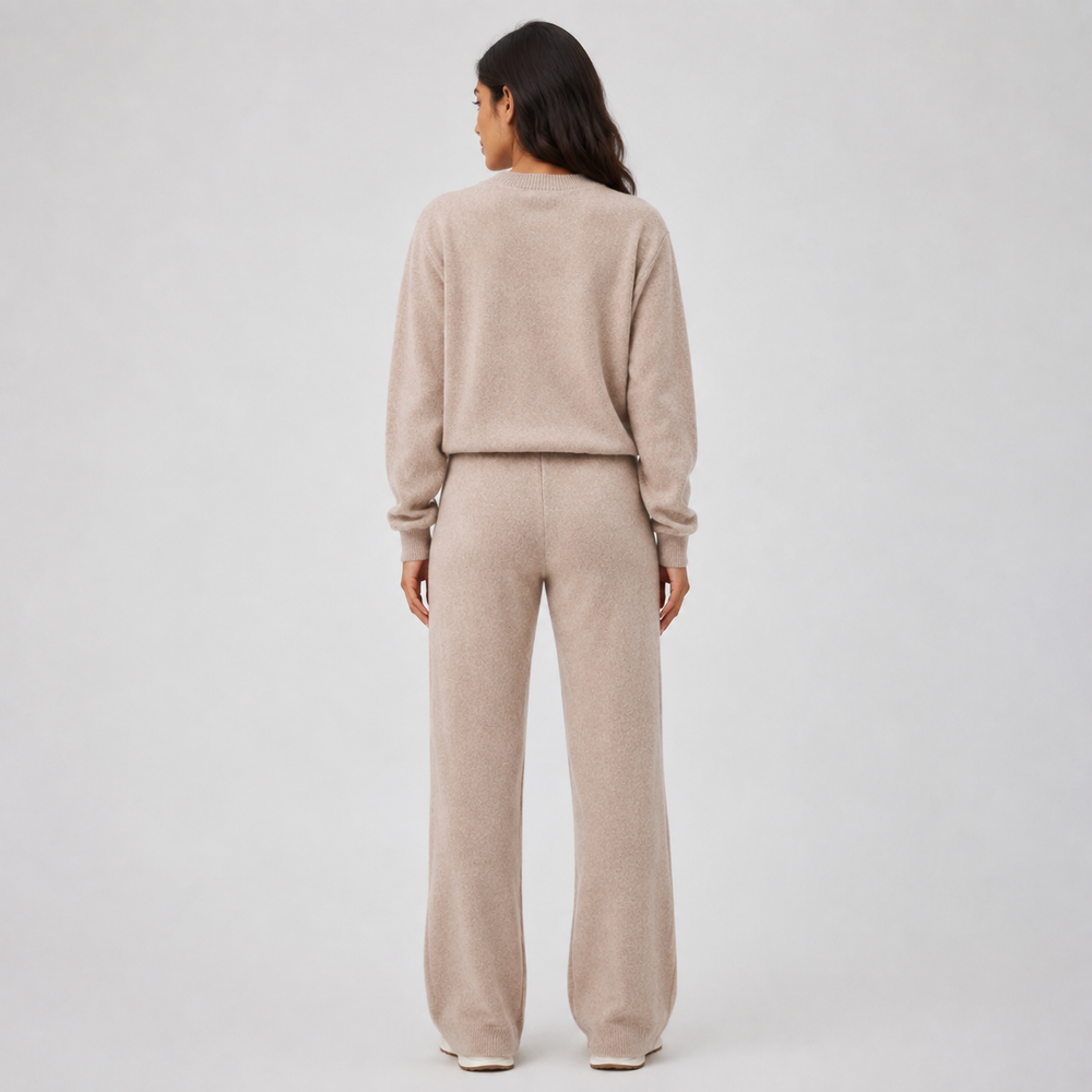 Lune Taupe Cropped Knit Lounge Set — Full-length model back view